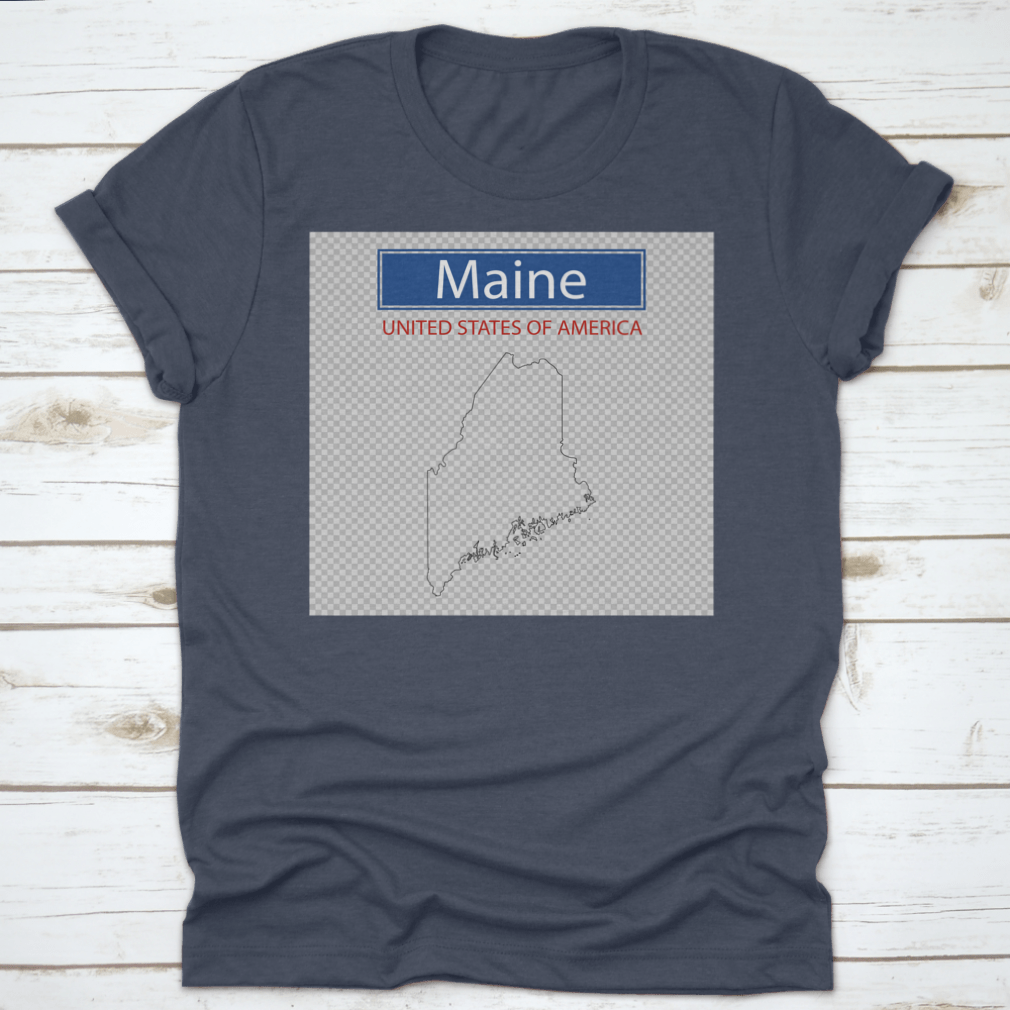 A comfortable t-shirt featuring an outline map of the state of Maine, showcasing its unique shape and geographical features.